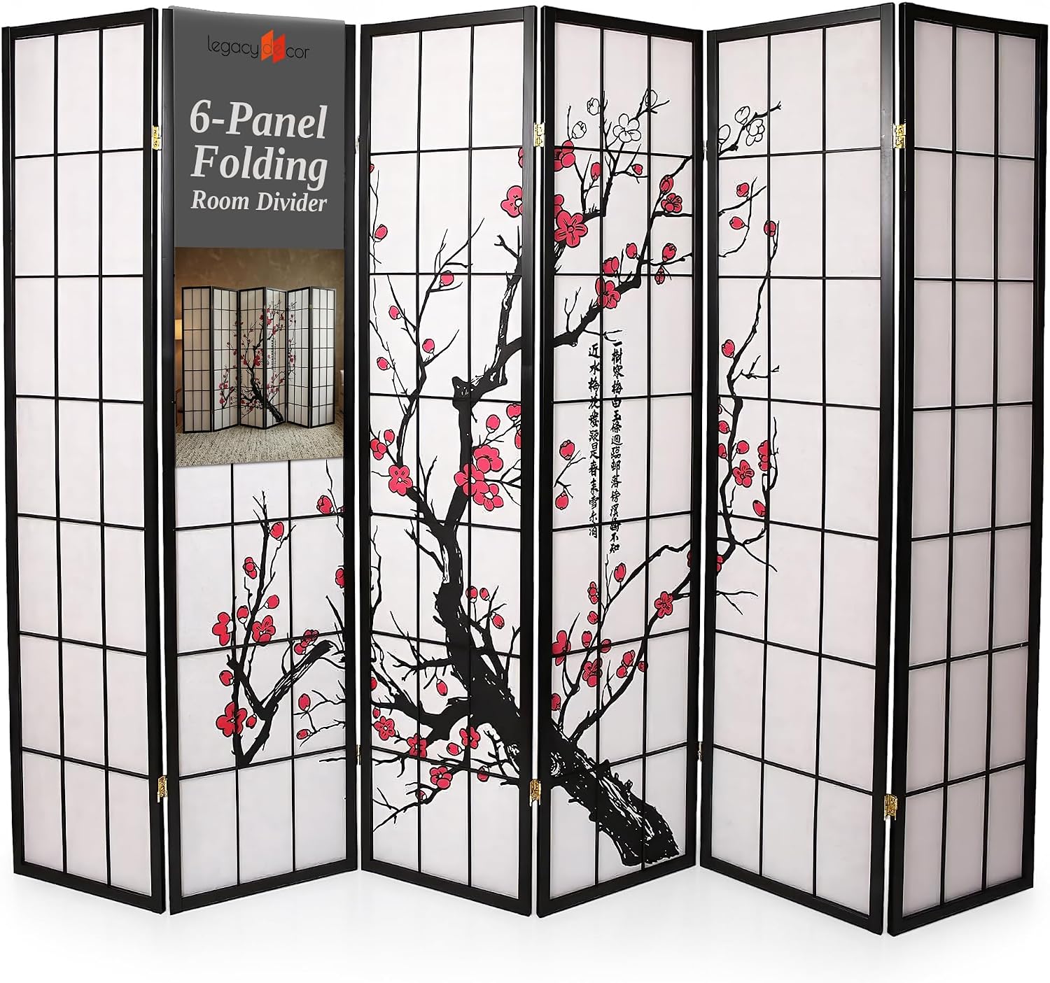 Shoji Screen Divider - 6-Panel Room Divider Shoji Style Black