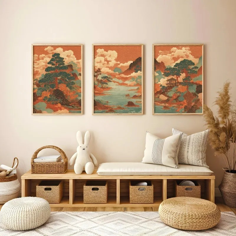 Japanese Living Lifestyle - 3Pcs Vintage Japanese Ukiyo-e Red Landscape