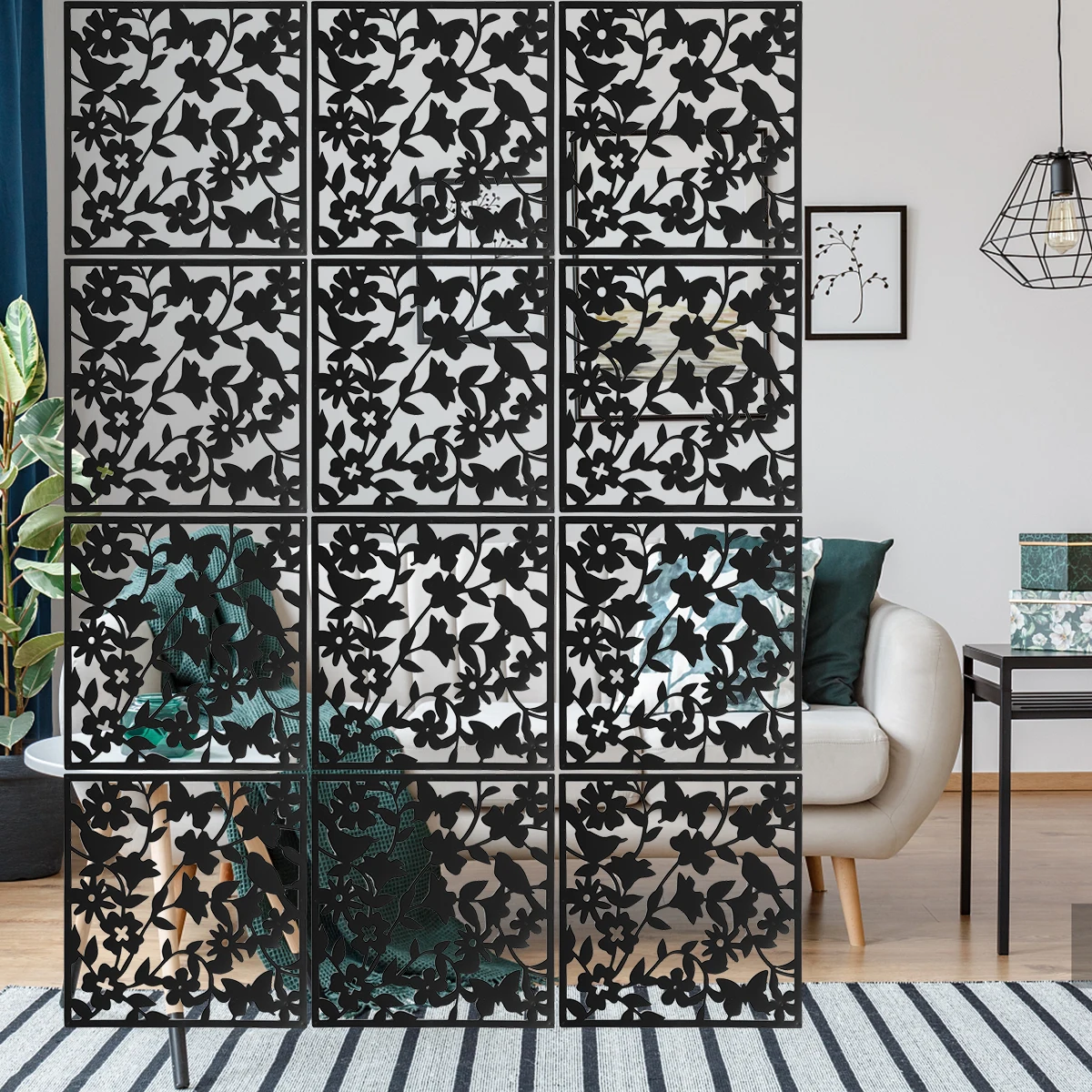 Shoji Screen Divider - 12pcs/set Black/White/Red Bird Flower Leaf Hanging